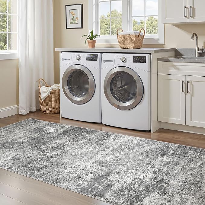 DMOYEST 3x12 Washable Runner Rug, Non Slip Low Pile Carpet Runner for Hallway and Entryway, Kid & Pet Friendly Abstract Modern Area Rug for Kitchen and Dining Room - Grey
