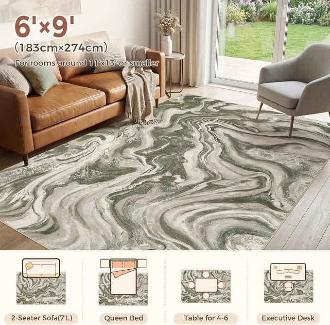 DMOYEST Living Room Area Rugs-6x9 Abstract Large Soft Indoor Washable Rug Neutral Modern Low Pile Carpet for Bedroom Dining Room Farmhouse Home Office-Olive Green