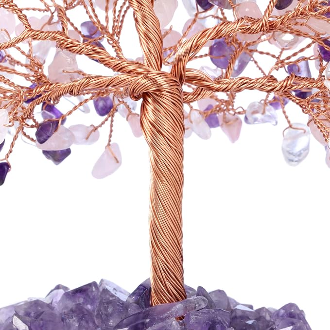Jovivi Natural Amethyst + Clear Quartz + Rose Quartz Healing Crystal Money Tree on Amethyst Cluster Geode Druzy Base Feng Shui Crystals for Home Office Desk Decorations, Wealth, Good Luck