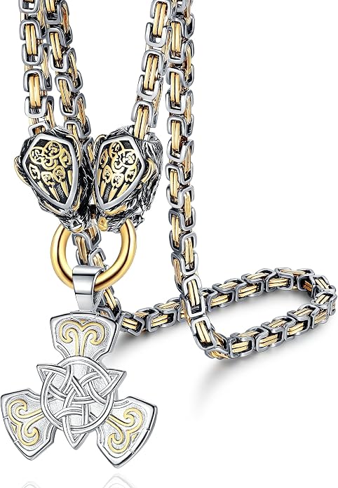 ROWIN&CO Viking Necklace for Men, Stainless Steel Nordic Runes Wolf Head Spearhead & Trinity Knot Pendant with Byzantine Chain Amulet, Norse Mythology Pagan Gothic Biker Jewelry Gift