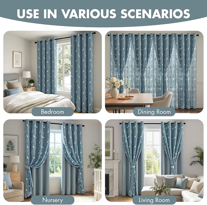 MIULEE Dusty Blue Double Layer Curtains 96 Inches Long, Leaf Patterned Sheer Floral Drapes and Blackout Room Darkening Window Curtains for Living Room Bedroom, Grommets Top, 52" W x 96" L, 2 Panels