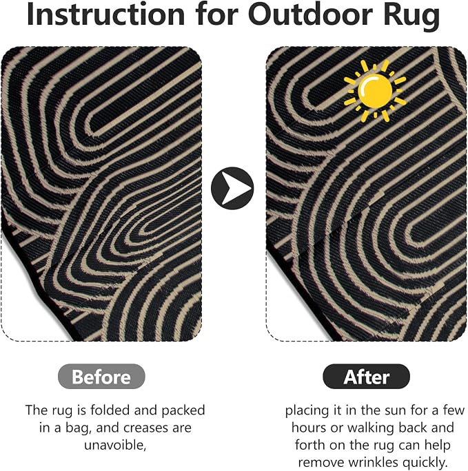 Anidaroel Patio Rugs Outdoor 6’x9’ Clearance Waterproof, Reversible Rainbow Outdoor Plastic Straw Outside Rugs, RV Outdoor Rugs for Camping, Porch, Balcony, Backyard (Black&Brown, 6‘X9')