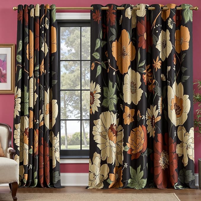 jinchan Black Boho Floral Blackout Curtains W100xL96 Grommet 1 Panel | Room darkening, Vintage, living room, bedroom, privacy, floral print, flower pattern, fall decor, window treatments