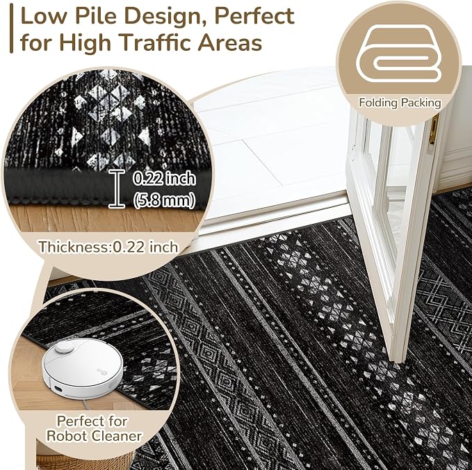 BESTSWEETIE 2x6 Area Rugs for Living Room Washable Moroccan Farmhouse Neutral Geometric Low Pile Non-Slip Soft Print Pattern Rug for Bedroom Kitchen Dining Room Entryway Black/White