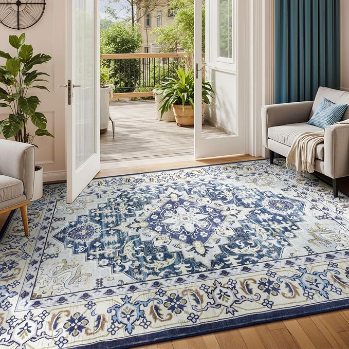 Lessymo 5x7 Area Rug for Living Room - Machine Washable Area Rugs, Super Soft Faux-Wool Area Rugs for Bedroom Kitchen, Boho Rug Vintage Floral Non-Slip Low Pile, Dark Blue
