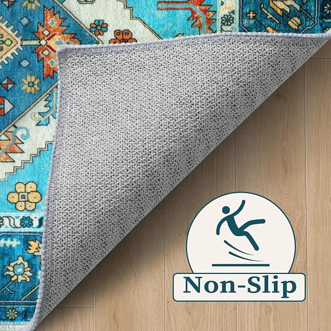 SERISSA 2x4 Boho Rugs for Entryway, Washable Non-Slip Kitchen Runner Rug, Ultra Soft Small Area Rug Vintage Blue Low-Pile Door Mat Indoor Entrance Carpet for Bedroom Hallway Laundry Room