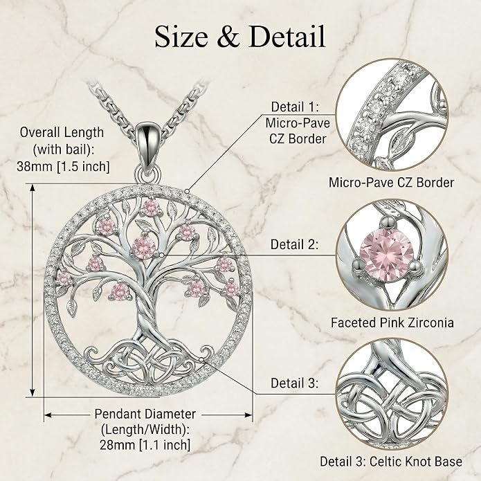 ONEFINITY Tree of Life Necklace 18k White Gold Plated Tree of Life Birthstone Pendant Necklace Birthstone Jewelry Anniversary Birthday Gifts for Women Men