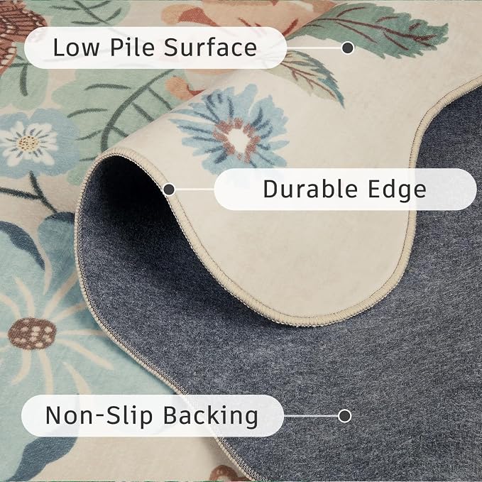 DCX Vintage Floral Rug 6x9, Washable Beige Rug for Living Room, Kid & Pet Friendly with Rubber Back Non Slip, Soft Low Pile Carpet, Stain Resistant Rug for Bedroom, Nursery, Dining Room