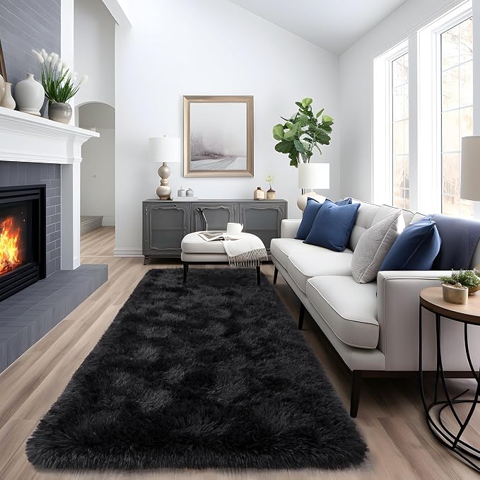 Dssimo 2x6 Black Runner Rug for Bedroom Hallway Living Room | Soft Fluffy Shag Non-Slip Carpet for Kids,Girls Boys and Teens Decorations for Living Room Dorm Nursery Classroom