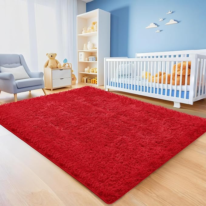 6x9 Red Fluffy Shag Area Rugs for Living Room Bedroom Girls Kids | Ultra Soft Comfy, Large Fuzzy Shaggy Plush Carpet for Nursery, Modern Indoor Home Decor, Upgrade Non-Slip