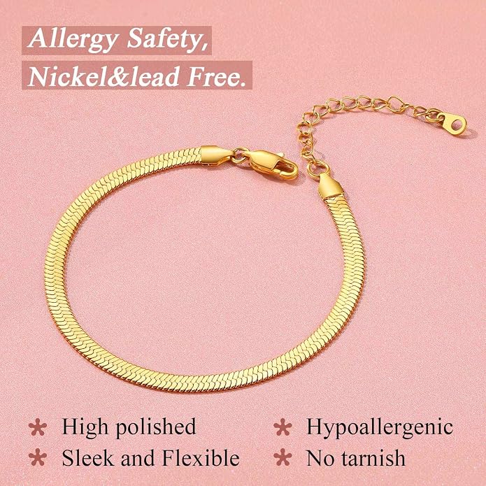 FindChic Elegant Herringbone Snake Chain Anklets/Bracelets 3MM/5MM Width Stainless Steel/18K Gold/Rose Gold Plated/Black 4 Color Options, 8.3'' 8.5'' 10.5'' Length, with Gift Box