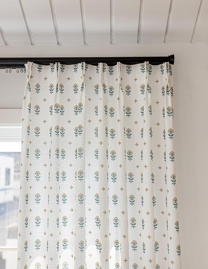 DrapePalette - Linen Blend Pinch Pleated Curtains 90 Inches Long for Living Room, Bedroom, Dining Room, Light Filtering Curtains 2 Panels Set, Modern Floral Printed Design, Golden Bloom, 30" W x 90" L