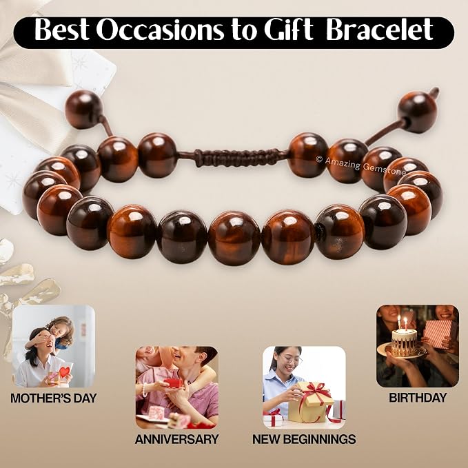 Amazing Gemstone Red Tiger Eye Bracelet, Gifts for Men & Women - Protection Healing Crystal Bracelet - 8mm Gemstone Beaded Adjustable Bracelet, Pulseras para Hombres Mujer Stocking Stuffers