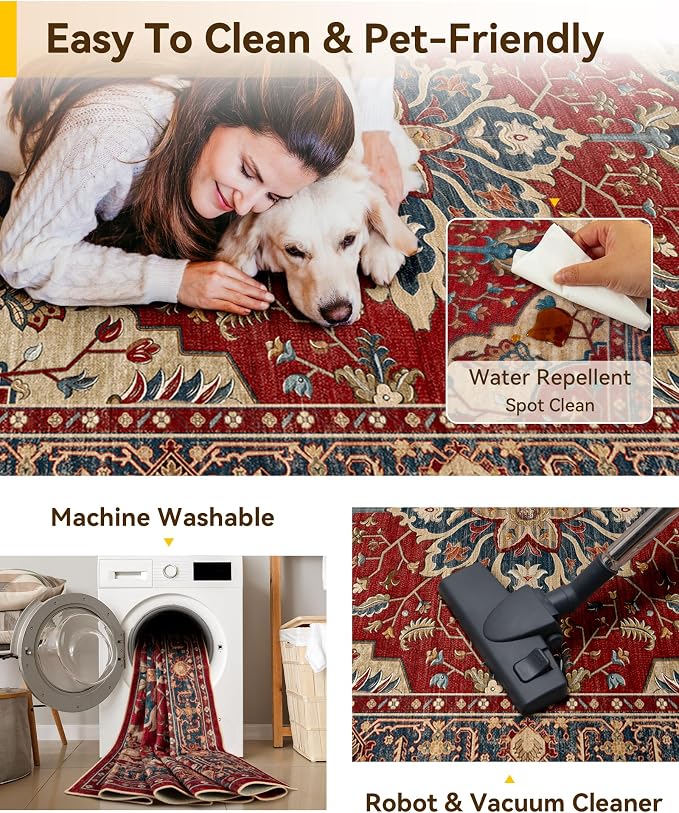 RELEANY Area Rugs 7'x9' Washable Non-Slip, Floral Vintage Distress Medallion Carpet for Living Room Bedroom Dining Room, Red Blue