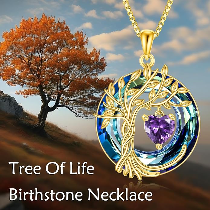 POPLYKE Mothers Day Gifts for Mom Her Wife Tree of Life Necklace 925 Sterling Silver Birthstone Pendant with Crystal Anniversary Birthday Wedding Jewelry for Women