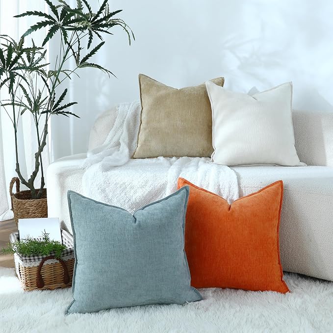 Stellhome Set of 4 Soft Textured Decorative Throw Pillow Covers Accent Solid Chenille Cushion Cover Cozy Farmhouse Pillow Case for Couch Sofa Bedroom Living Room (20x20 inch, Orange/Aqua Gery)
