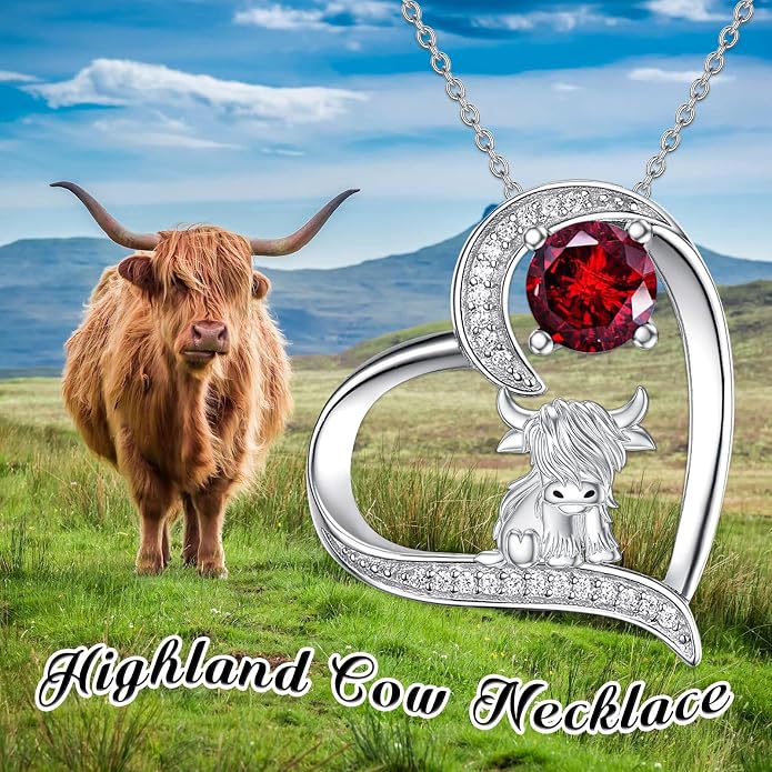 Highland Cow Gifts for Women 925 Sterling Silver Highland Cow Birthstone Necklace Fluffy Cow Jewelry Gifts Birthday Christmas