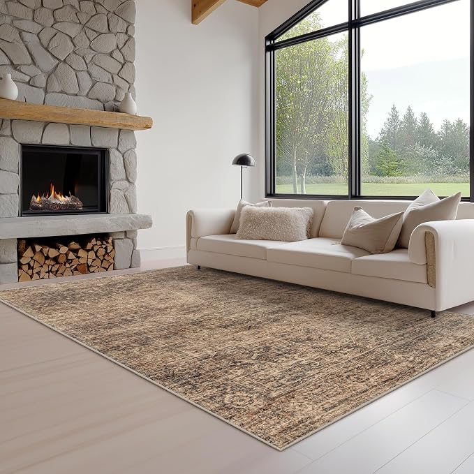 Fmfunctex 3x5 Washable Area Rug Terracotta Vintage Neutral Distressed Non Slip Low Pile Traditional Retro Indoor Carpet for Entryway Entrance Soft Rug Living Room Bedroom Kitchen Dining Office Laundry