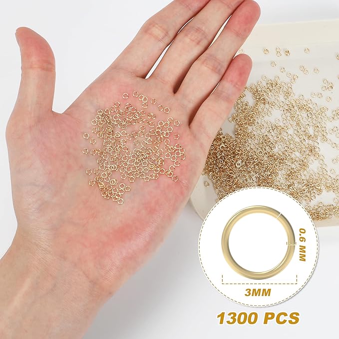 3MM 1300PCS 14K Gold Jump Rings for Jewelry Making Non Tarnish Small Open Gold Filled Jump Rings for Necklace Earrings Bracelet Key Chains and DIY Craft