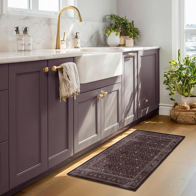 Fig 2x3 Kitchen Rugs Non Slip Washable, Luxurious Boho Vintage Floral Trellis Ultra Thin Door Mat Indoor Entrance, Earth-Toned Dark Academia Small Throw Rugs for Entryway Bathroom