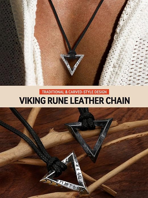 FaithHeart Norse Runes Triangle Learther Chain and Runes Round Leather Necklace
