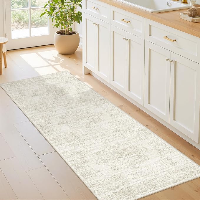 2x6 Runner Rug Non Slip,Washable Hallway Runner Rug,Beige | Neutral Rugs for Kitchen,Entryway,Bedroom,Bathroom,Nursery Room,Thin,Soft Runner Rug,Stain Resistant Indoor Carpet