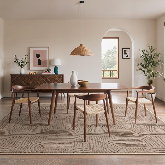 GENIMO Soft Washable Area Rugs 8x10, 3D Modern Arch Pattern Living Room Rug, High-Low Pile Textured Non Slip Carpet, Non-Shedding Stain Resistant Light Brown Rugs for Bedroom, Dining Room, Nursery