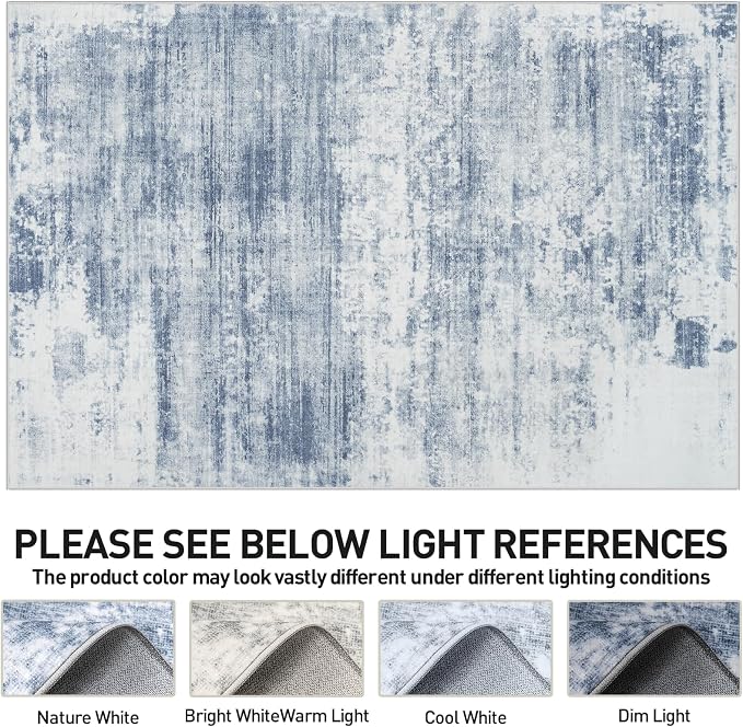 8x10 Area Rugs Washable Rug: Modern Abstract Living Room Rug Soft Anti-Skid Thin Carpet Indoor Floor Non-Shedding Carpets for Bedroom Dining Room Farmhouse Nursery Home Office Blue White