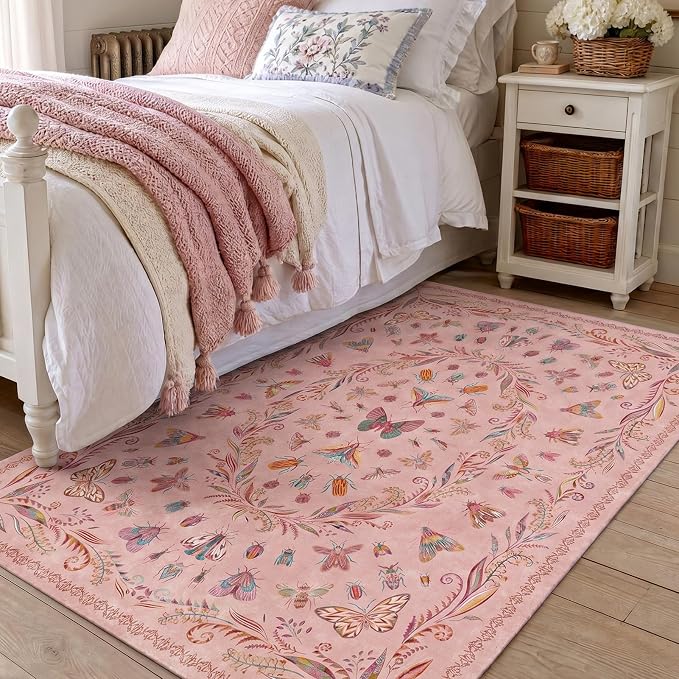 Lunasun 3x5 Washable Non-Slip Bathroom Rug, Colorful Insect Rug for Kids Room - Ultra Soft Low Pile Cottagecore Butterfly & Beetle Pattern for Nature-Inspired Home Décor