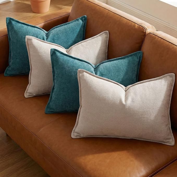 12x20 Inches Throw Pillow Covers Set of 4 Soft Textured Chenille Decorative Cushion Cases for Couch Sofa Bed Modern Farmhouse Neutral Accent Covers with Hidden Zipper Beige Green