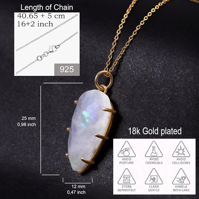 Lunatik Moonstone Necklace for Women – 925 Sterling Silver & 18K Gold Plated, Natural Rainbow Moonstone Pendant – June Birthstone Necklace