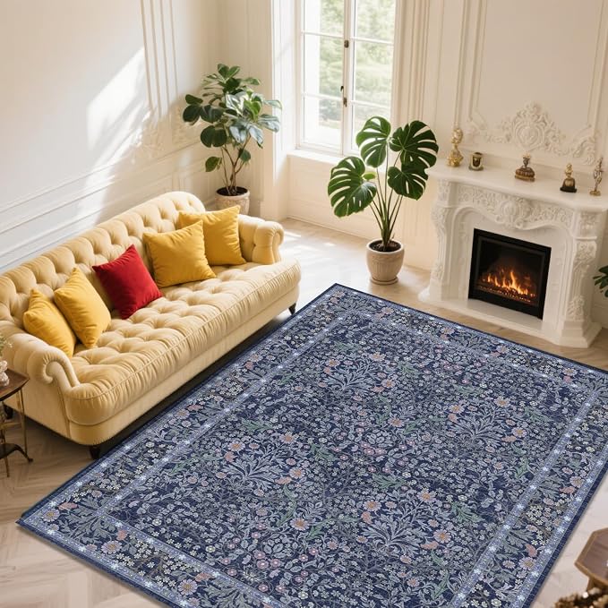 8x10 Washable Area Rugs for Living Room, Stain Resistant Vintage Rugs for Dining Room Under Kitchen Table, Bedroom, Floral Low Pile Non-Slip Large Carpet (8 x 10 Blue)