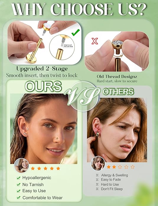 Flat Back Stud Earrings for Women Hypoallergenic Surgical Steel Internal Thread CZ Stud Piercing Jewelry for Tragus Helix Conch Cartilage 14K Gold/Silver Plated Nose Lip Labret Medusa Piercing 16G 18G