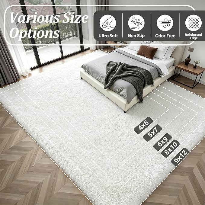 6x9 Area Rugs for Living Room Bedroom: Ultra Soft Fluffy Shag Rug Upgrade Non-Slip Non-Shedding Large Fuzzy Plush Carpet Indoor Floor Carpets for Kids Room Playroom Nursery Dorms Home Decor Ivory
