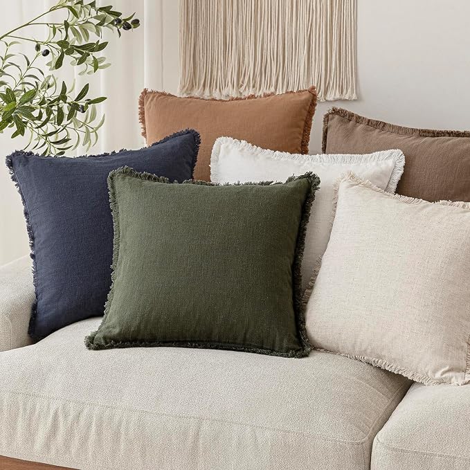 Foindtower Set of 2 Decorative Linen Fringe Throw Pillow Covers Cozy Farmhouse Cushion Cover with Tassels Accent Pillowcase for Couch Chair Sofa Bed Living Room Home Decor,20×20 Inch,Dark Olive Green