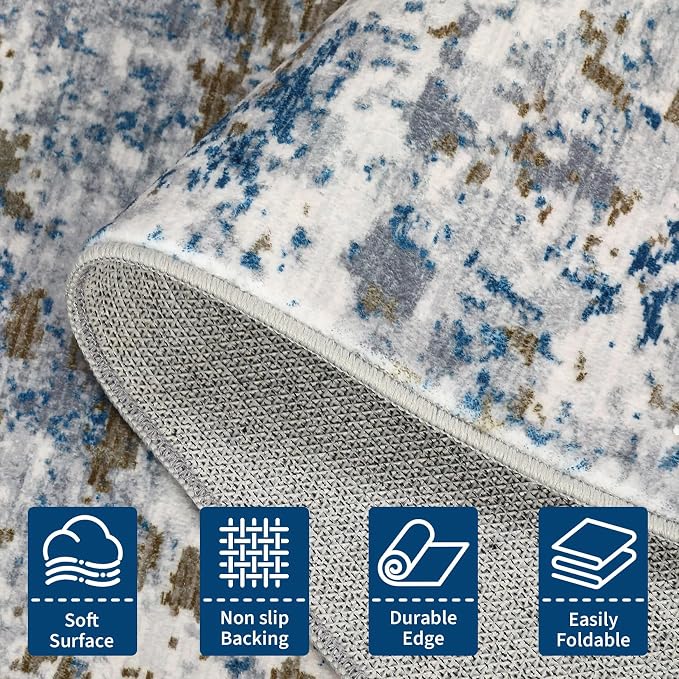 ROYHOME Modern Abstract Area Rug 3x5 Non Slip Non Shedding Rug Low Pile Stain Resistant for Bedroom Living Room,Navy