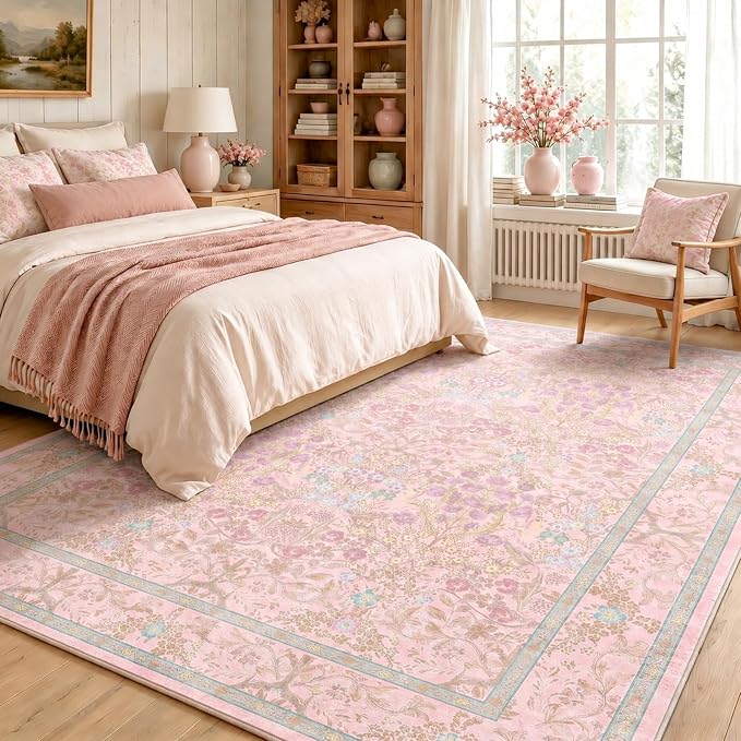 Farmhouse Light Pink Washable Living Room Rug 5x7, Floral Area Rug for Bedroom, Nursery, Dining Room Under Table, Home Office, Low Pile Non Slip Boho Carpet, Soft Cottagecore Botanical Accent Mat