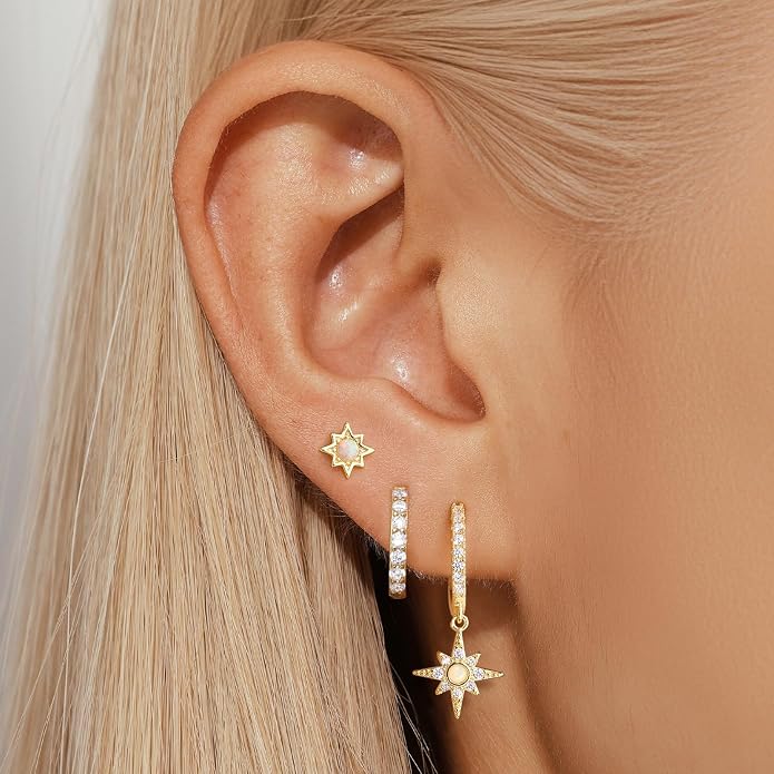 Angelady Opal Earrings Set for Women, Hypoallergenic S925 Sun Stud Earring for Sensitive Ears, Dainty Hoop Huggie Silver Opal Dangle Earring Stacks, Blue Earrings for Women Trendy 2025