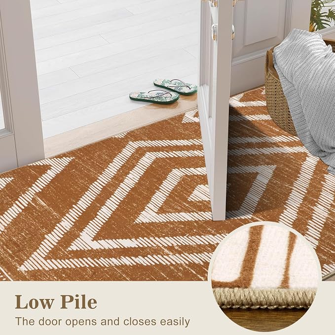 Moroccan Washable Area Rugs 3x5ft Non Slip, Low Pile Entryway Rug, Brown Boho Bedroom Carpets, Non Shedding Soft Floor Carpet for Dining Room Bathroom Kitchen Study Office