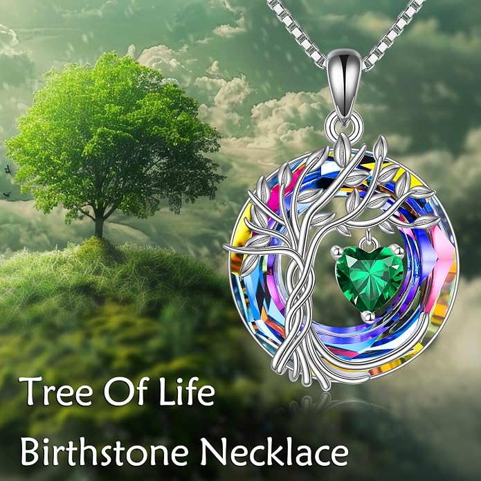 POPLYKE Mothers Day Gifts for Mom Her Wife Tree of Life Necklace 925 Sterling Silver Birthstone Pendant with Crystal Anniversary Birthday Wedding Jewelry for Women