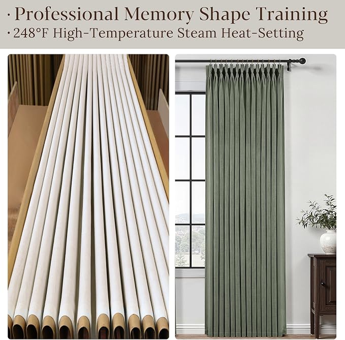 Sage Green Pinch Pleated Linen Curtains 84 Inch Length 2 Panels for Living Room Bedroom Semi Sheer Window Drapes Light Filtering Privacy Boho Farmhouse Pinch Pleat Curtain 84 Inches with Hooks Rings