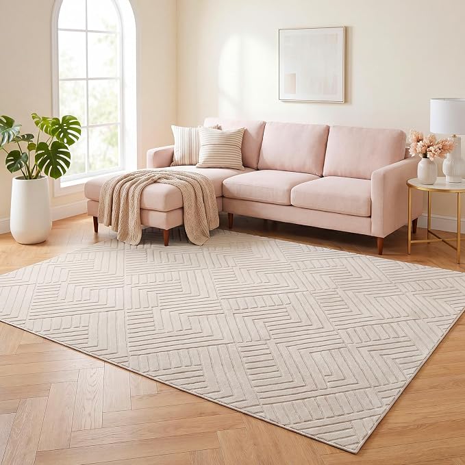 Bsmathom 8x10 Washable Area Rug, Boho Neutral Modern Soft Carpet Mat, Beige | Machine Washable, Low Pile Fluffy Plush, Non-slip, Geometric Textured, For Living Dining Kids Room Bedroom Indoor Dorm