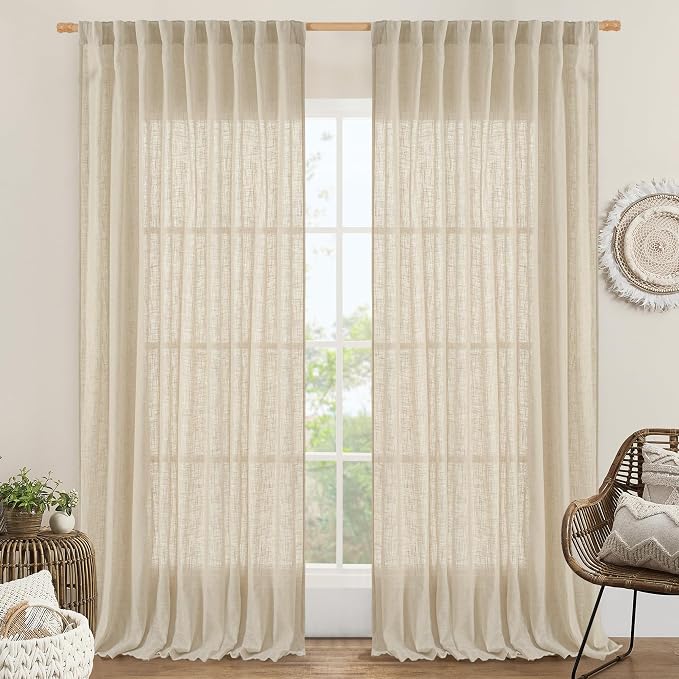 LAMIT Extra Wide Linen Curtains for Bedroom, Light Filtering Faux Linen Textured Panels Semi Sheer Back Tab and Rod Pocket Boho Drapes for Living Room, 2 Panels, Linen, 70 x 84 Inch