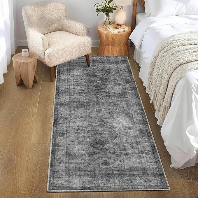 2x6 Runner Rug for Entryway Hallway-Vintage Farmhouse Boho Floral Neutral Washable Stain Resistant Indoor Rugs for Home Decor(Ashen Black)