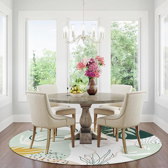 Lahome Green Washable Round Rug - 7Ft Round Area Rug for Living Room Throw Soft Boho Round Rug Large Non-Slip Round Dining Room Rug, Botanical Print Floor Round Carpet for Bedroom Office (Pink,7'x7')