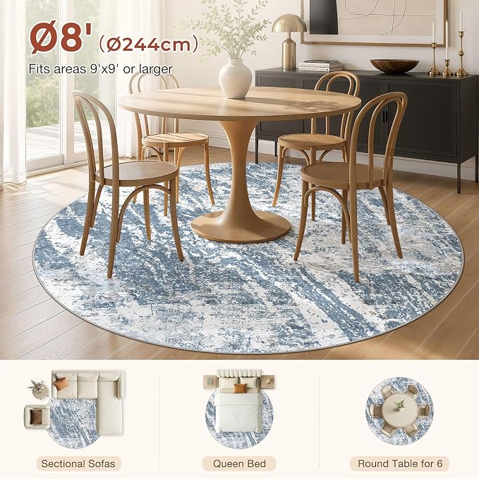 DMOYEST 8ft Round Washable Area Rug for Living Room: Modern Abstract Neutral Circle Carpet, 8x8 Soft Low Pile Non-Slip Floor Mat for Bedroom Under Dining Table, Kids & Pet - Blue