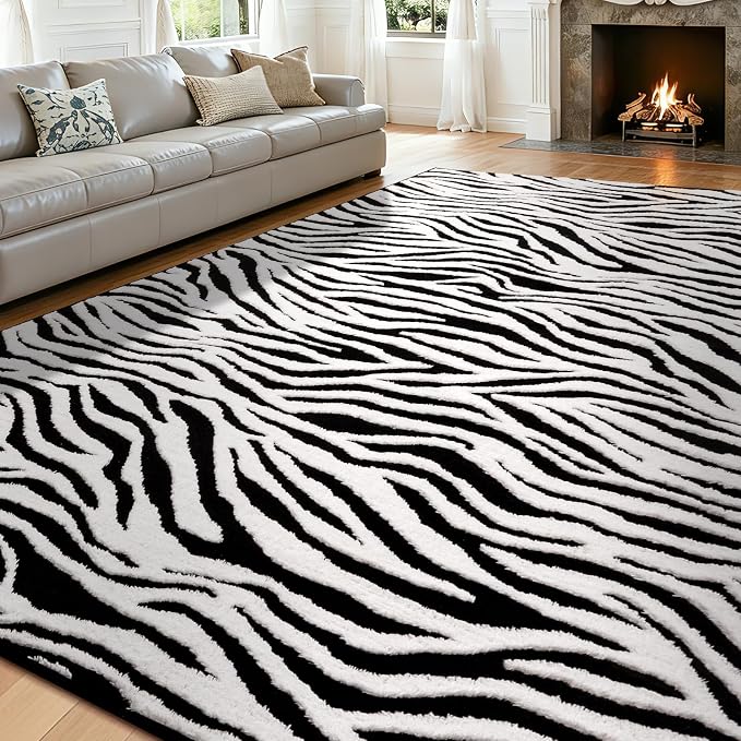 YIHOUSE 8x10 Ft Zebra Area Rugs, Abstract Modern Washable Black and White Striped Rug, Nonslip Non-Shedding Soft Carpet for Living Room Dining Room Office Playroom Home Decor