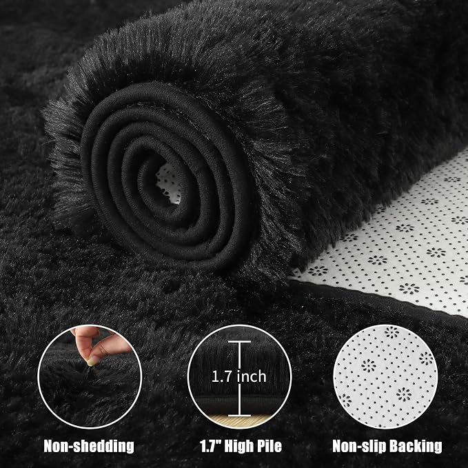 Fluffy Area Rugs for Bedroom Decor Aesthetic, 8x10 Large Black Shag Rug with Non-Slip Backing for Living Room, Fuzzy Plush Carpet Washable Rug Modern Home Decor for Kids Nursery Boys Room