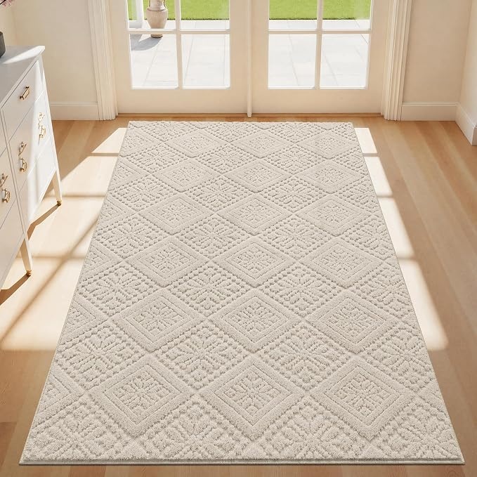 U'Artlines 3x5 Beige Washable Area Rug for Living Room, Soft Fluffy High Low Textured Carpet, Modern Neutral Geometric Non Slip Rugs for Bedroom Dining Room Kids Room