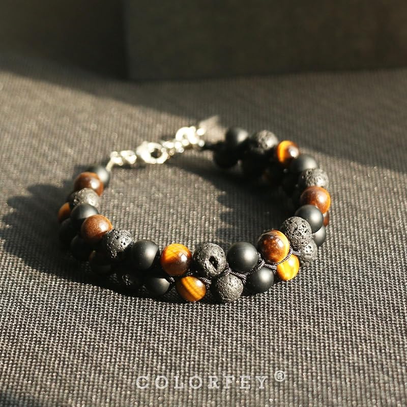 Triple Protection Bracelet for Men Women, Authentic Mens Bracelet Genuine Tiger Eye Black Onyx Lava Rock Crystal Bracelets, 8”Adjustable Beaded Bracelet for Men Grounding and Confidence